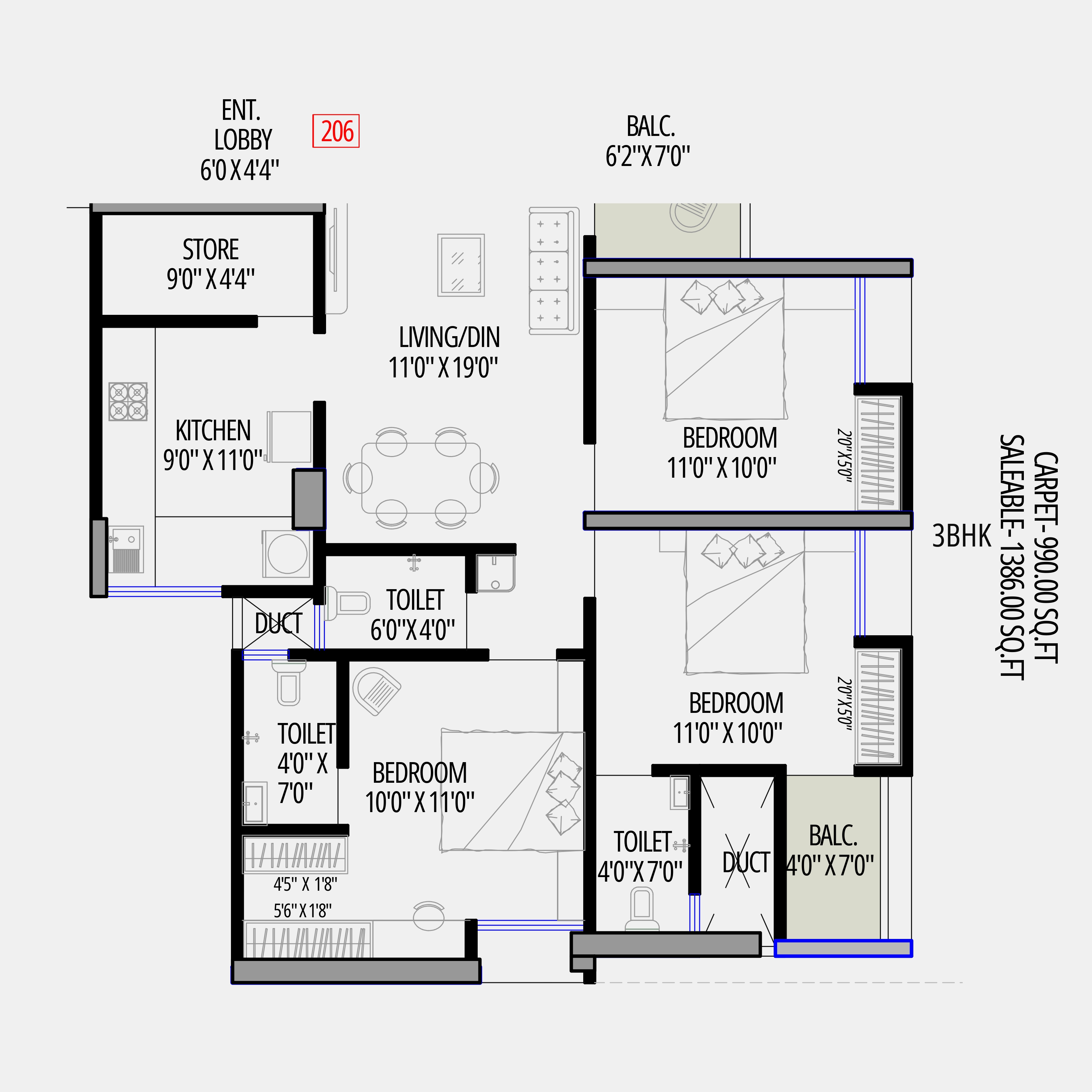 3 BHK Floor Plan Grand