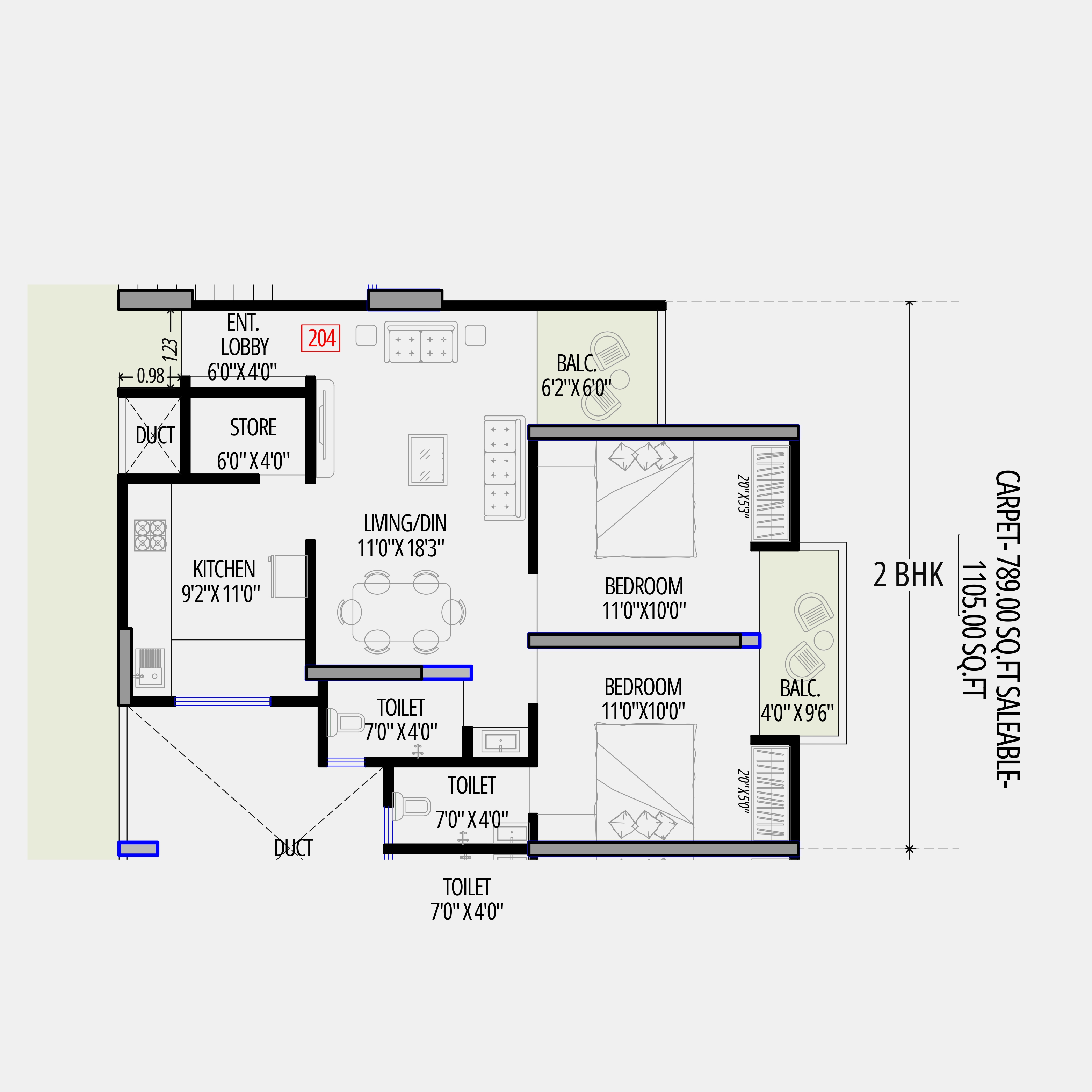 2 BHK Floor Plan Type B